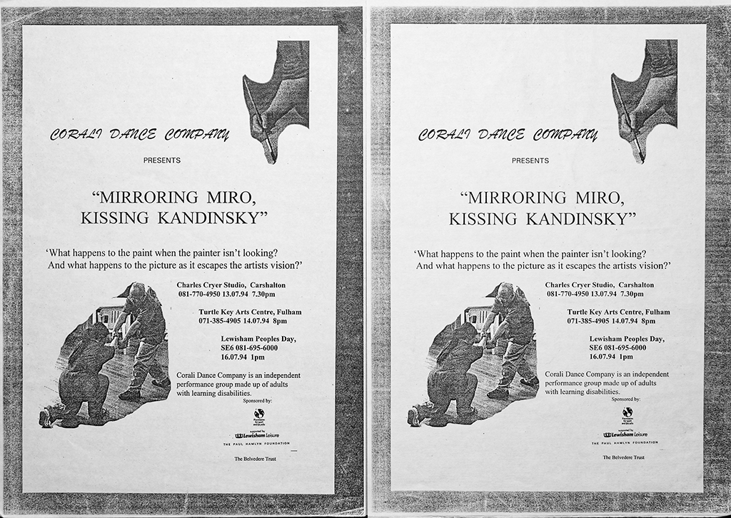 Poster for Mirroring Miro, Kissing Kandinsky 1994 by Corali Dance Company featuring founder dancers Margaret and Ray, performance at Thomas Cryer Studio Carshalton, Turtle Key Arts Centre, Fulham and Lewisham People’s Day, Lewisham